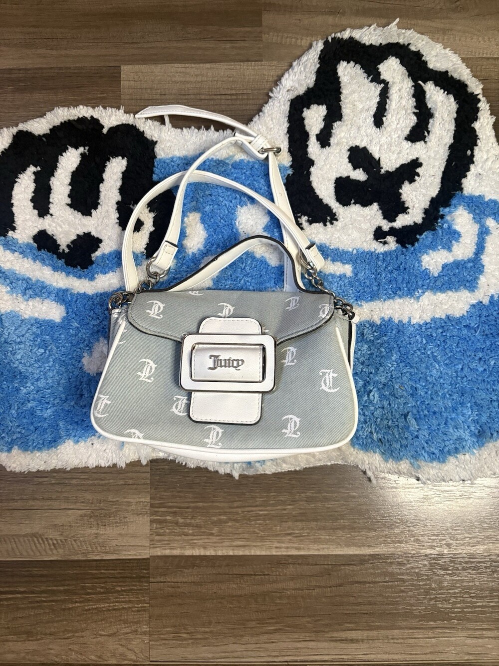 Vintage Juicy Couture Denim White Made You Look Fashion Flap Crossbody Bag